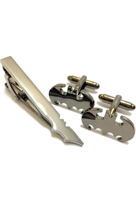 Super Hero Collection black Bat Men’s Classic Formal Occasions Cufflinks and Tie Clip Bar Set
