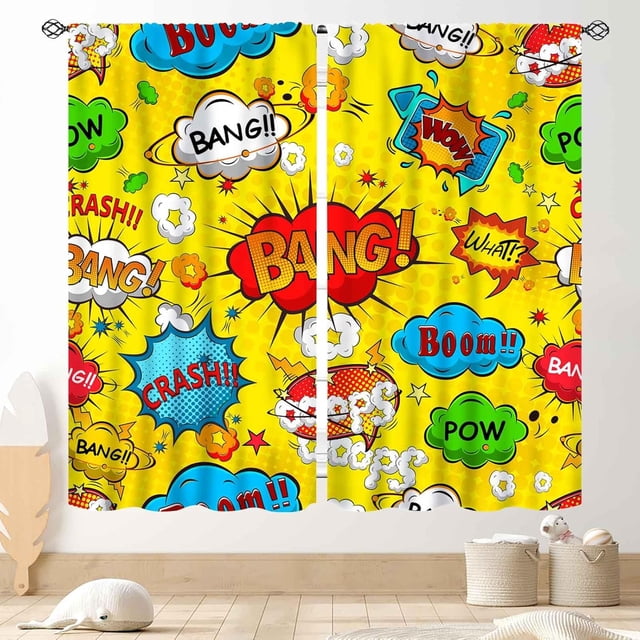 Super Hero Curtains for Boys Room, Retro Comic Pattern Colorful Superhero Cool Yellow Blackout Window Drapes Treatments for Kids Teens Baby Nusery Bedroom Living Room Decor 2 Panel Sets, 42"x63" Inch