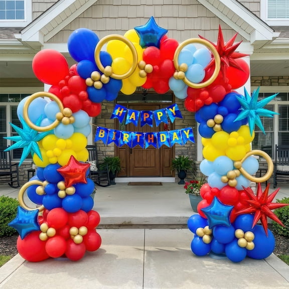 Super Hero Hedgehog Theme party decorations with 107Pcs Red Blue Yellow Gold Balloon Garland Arch Kit foil lightning Star balloons birthday banner for kids cartoon themed Baby Shower decor Y114