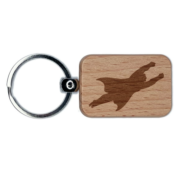 Super Hero Man Flying with Arms Out Rectangle Keychain Charm Tag - Engraved Wood