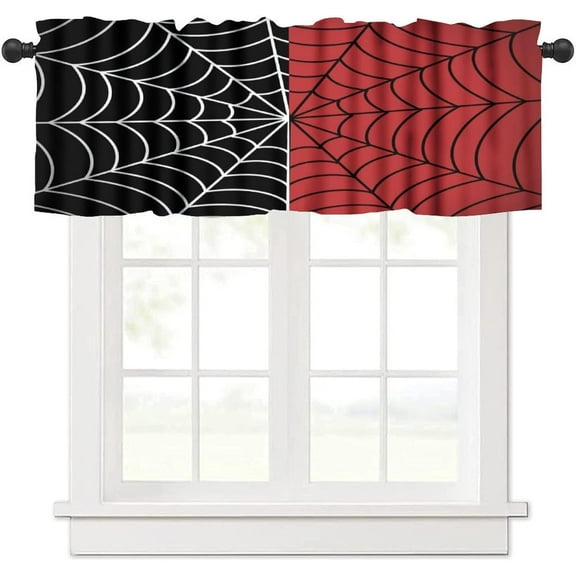 Super Hero Spider Web Boys Red Black Kitchen Curtain Valances Window Boys Girls Rod Pocket Valance Treatments Half Curtains Short Topper for Bedroom, Living Room, 54x18in