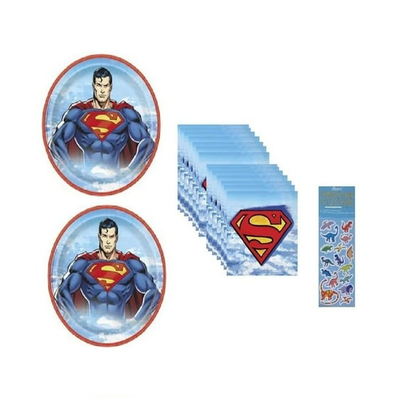 Super Hero Superman Birthday Party Supplies Decoration Bundle Pack includes 16 Paper Large Plates 9", 16 Napkins, 1 Dinosaur Sticker Sheet
