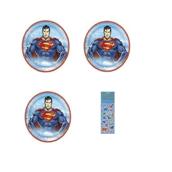 Super Hero Superman Birthday Party Supplies Decoration Bundle Pack includes 24 Lunch Large Paper Plates 9", 1 Dinosaur Sticker Sheet
