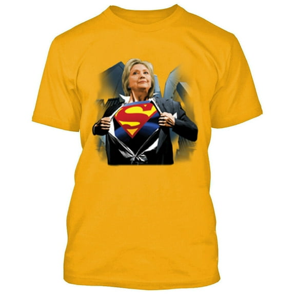 Super Hillary Clinton Print T-shirt Make America Great Mens Tee Color Gold X-Large