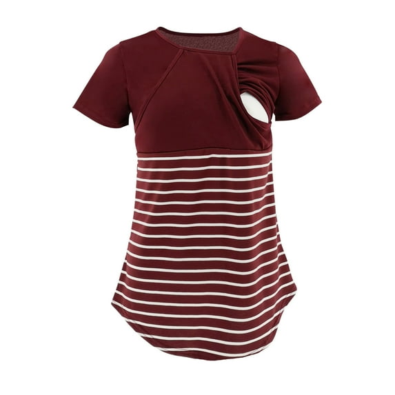 Umfun Ladies Fashion Solid Color Stripe Print Short Sleeve Breastfeeding Clothe Top Wine XL