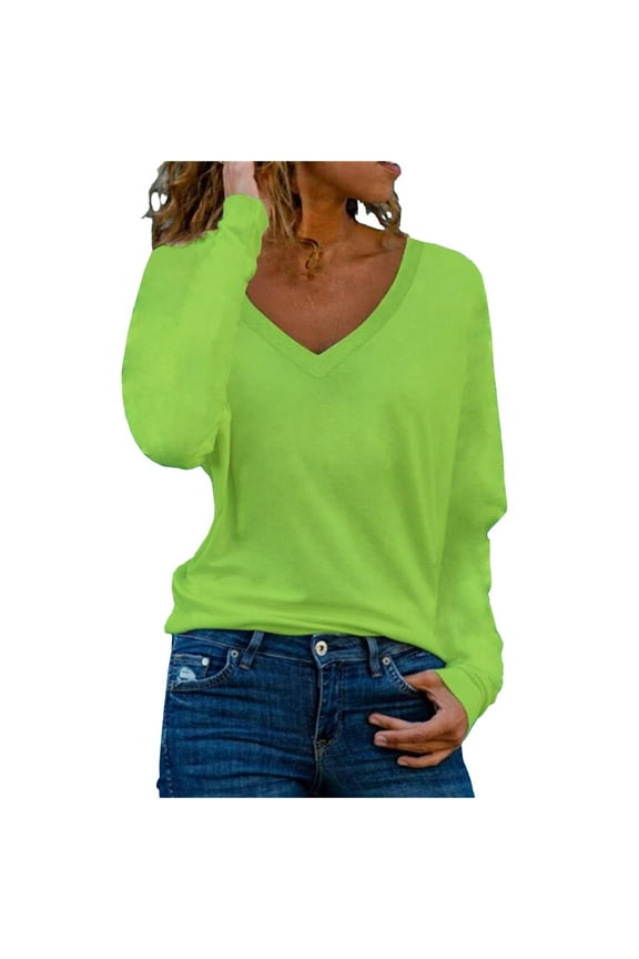 Solid V Neck Long Sleeve Casual Versatile Women's Top Bottom Green M