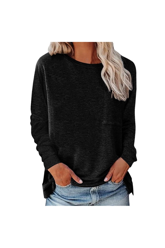 Women's Summer Casual Long Sleeve Blouse Round Neck Tops T-Shirt Black S