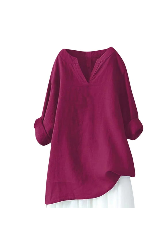 Women's V Neck Long Sleeve Loose Cotton and Linen Shirts Summer Shirts Blouse Wine L