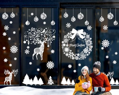 Super Large Christmas Window Clings – 4 Sheets, Static PVC, Snowflake & Reindeer Designs, 28.5x21.25 In