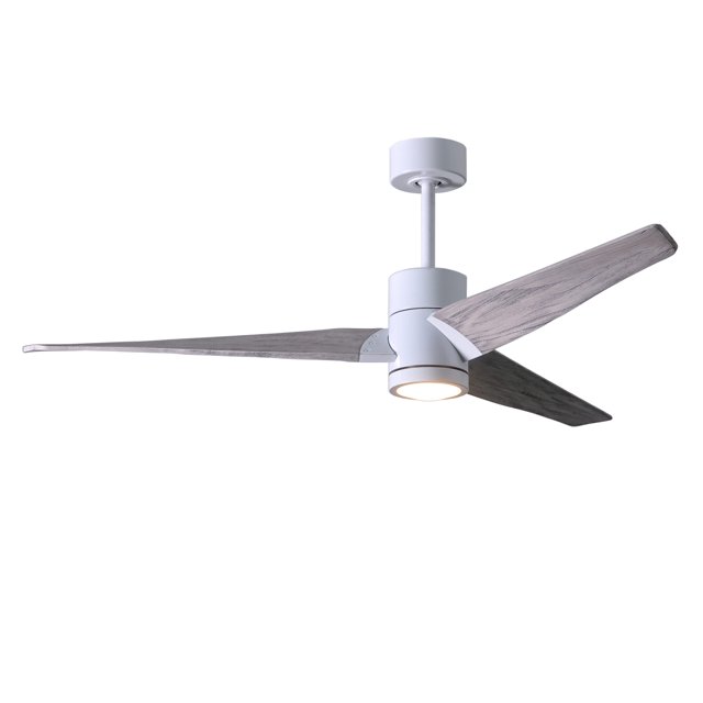 Super Janet three-blade ceiling fan in Gloss White finish with 60” solid barn wood tone blades and dimmable LED light kit&nbsp;