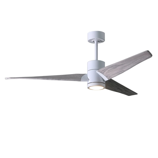 Super Janet three-blade ceiling fan in Gloss White finish with 60” solid barn wood tone blades and dimmable LED light kit 