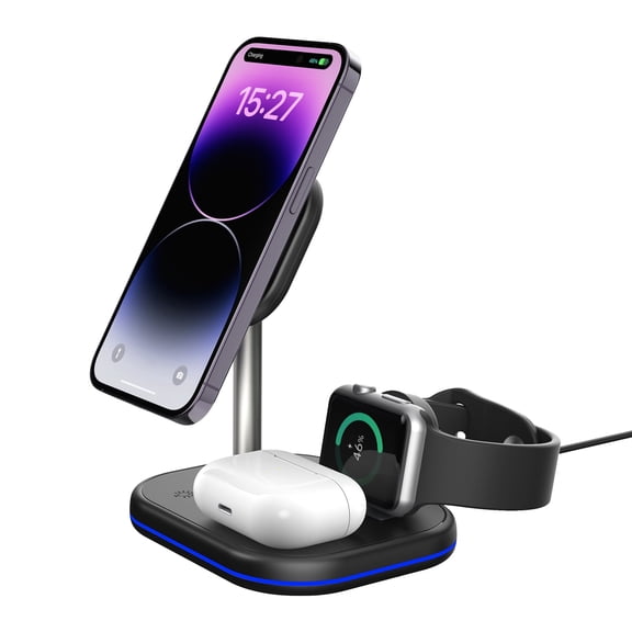 Super Joy 3-in-1 Magnetic Wireless Charger, Wireless Charging Station Stand with 18W Adapter for iPhone iWatch AirPods Black