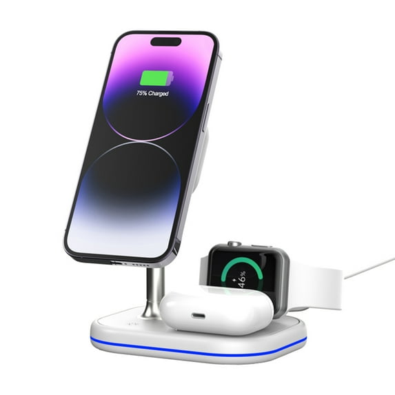 Super Joy 3-in-1 Magnetic Wireless Charger, Wireless Charging Station Stand with 18W Adapter for iPhone iWatch AirPods White