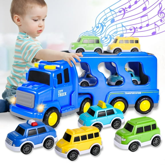Super Joy 5-in-1 Transport City Vehicles Toys, Truck Toy Birthday Gift for Boys Girls Aged 3-6 Years