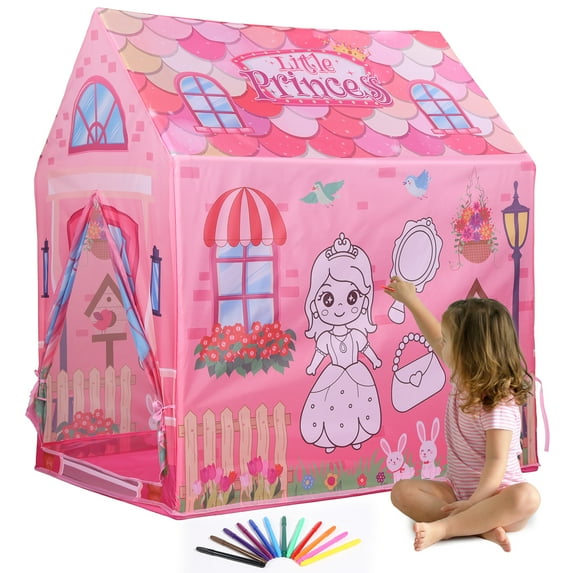 Super Joy DIY Little Pincess Playhouse Tent for Kids, Washable DIY Graffiti Tent with 12 Color Pens for Indoor Outdoor, Birthday Christmas Gift