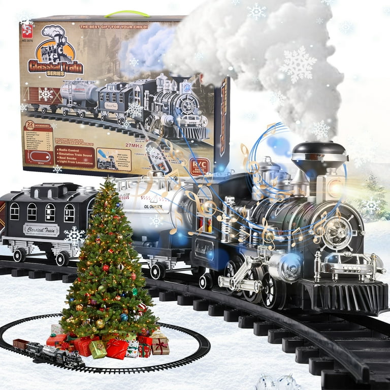 Super Joy Electric Train Set with Remote Control Christmas Train Toys with Steam Locomotive Engine Sound Light Cargo Car and Train Tracks Gift