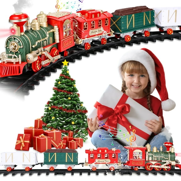 Super Joy Electric Train Set with Steam, Sound, Light, Locomotive Engine, Cargo Cars & Tracks, Children Toy Train Gift for Kids Boys Girls