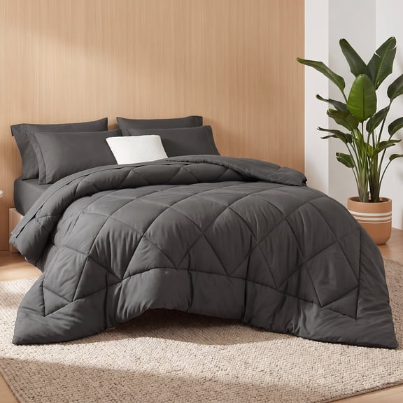Super King 7Piece Bed in a Bag Dark Grey 120"x120", 240GSM AllSeason Bedding Set, 14in Deep Pocket With Extra Side & Foot Drape