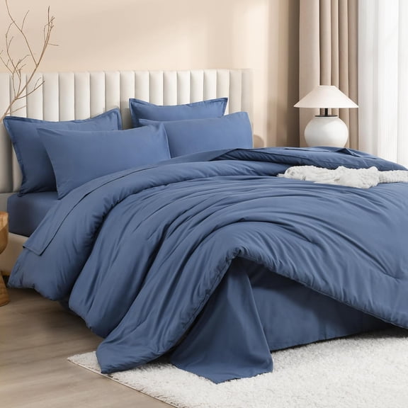 Super King Comforter Set Ocean Blue - 7 Piece Oversized King Bedding Bundle, Lightweight Solid Bed Set with Comforter, Sheets, Pillowcases & Shams, Soft All Season Bedspread Set