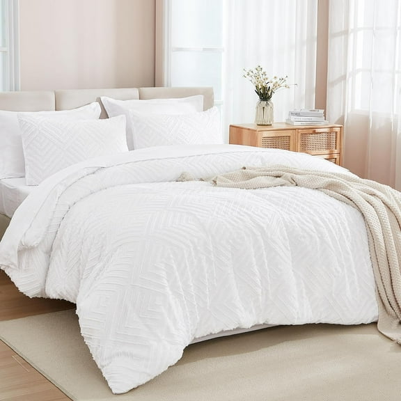 Super King Plus Size Comforter Set with Sheets, 7-Piece White Boho Tufted Fluffy Lightweight Bedding