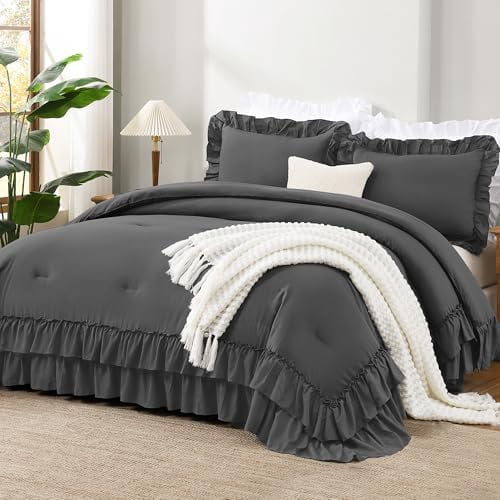 Super King Ruffle Comforter Set, 3 Pieces Thick Shabby Chic Farmhouse ...