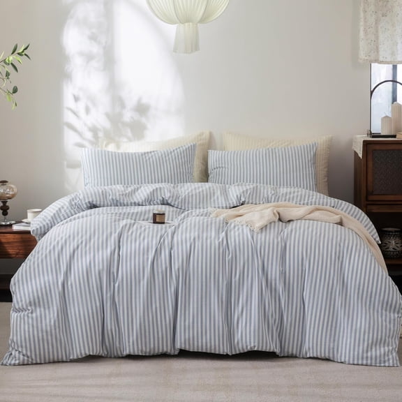Super King Size 100% Washed Cotton Striped Duvet Cover Set, Linen Feel Soft Bedding, Cornflower Blue & White