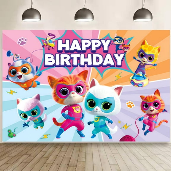 Super Kitties Birthday Party Backdrop Photo Background Cute Cartoon Cats Birthday Party Decorations Banner Super Kitties Girls Theme Photography Backdrop 5X3fT