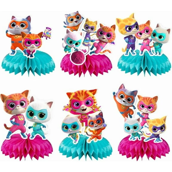 Super Kitties Birthday Party Decoration, 6 PCS Super Kitties Theme Honeycomb Centerpieces 3D Double Sided Table Decorations, Photo Booth Props Party Supplies