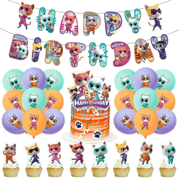 Super Kitties Birthday Party Decorations, Super Cat Hero Includes Birthday Banner, Cake Topper, Cupcake Toppers, Balloons for Boys and Girls Party Decorations