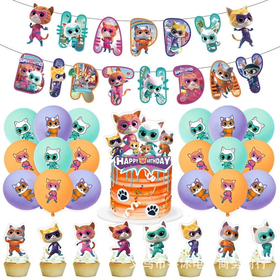 Super Kitties Birthday Party Supplies,Cute Super Kitties Party Decoration Including Cake Cupcake Toppers, Latex Balloons, Super Kitties Birthday Party Favor