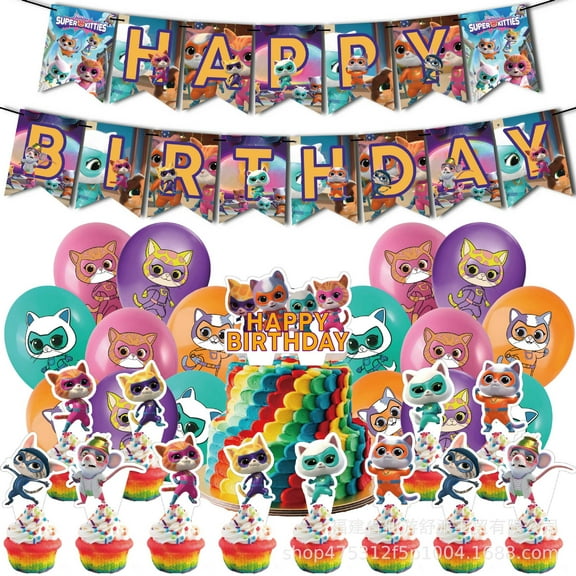 Super Kitties Birthday Party Supplies,Cute Super Kitties Party Decoration Including Cake Cupcake Toppers, Latex Balloons, Super Kitties Birthday Party Favor