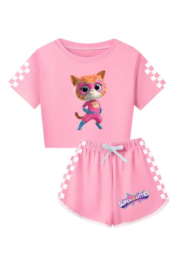 Super-Kitties Cartoon Cat Clothes for Girls – 2-Piece Short Sleeve Crop Top and Shorts – Kids Summer Outfit Set