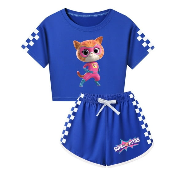 Super-Kitties Cartoon Cat Clothes for Girls – 2-Piece Short Sleeve Crop Top and Shorts – Kids Summer Outfit Set