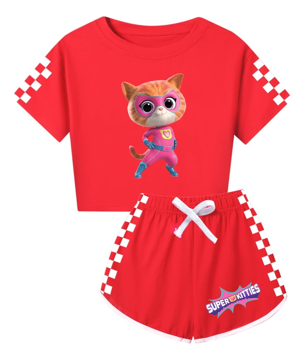 Girls' Cute Cat Top & Denim Pants Set – “World Good Thing” Design