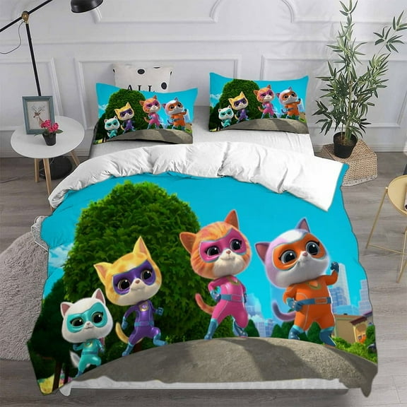 Super Kitties Duvet Cover Bedding Set Include 1 Super Kitties Comforter Cover with 2 Pillow Cases Bedroom Bed Decoration Super Soft Cozy Cute Quilt Cover Polyester, Comforter Not Included