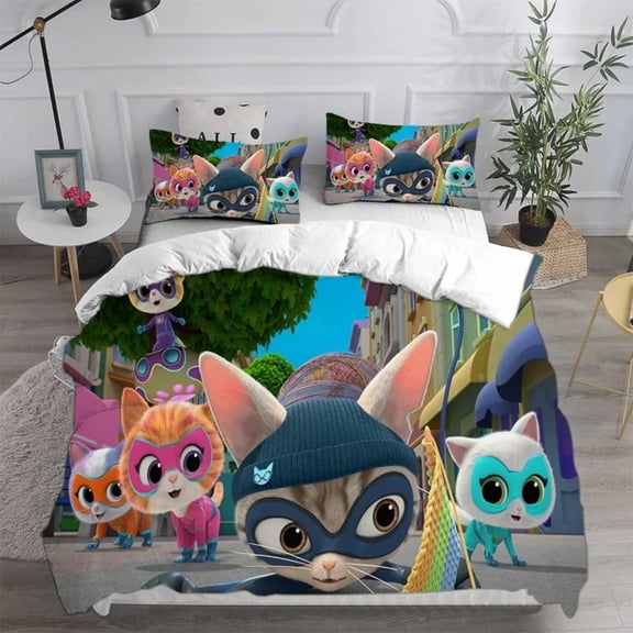 Super Kitties Duvet Cover Set,Cozy Cute Super Kitties Bedroom Decoration Include 1 Quilt Cover + 2 Pillow Cases