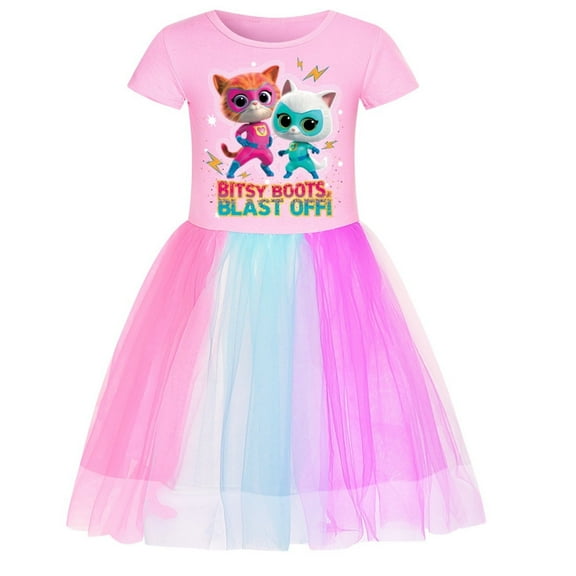 Super Kitties Girls' Dress Children's Movie TV Game Cartoon Round Neck Pure Cotton Short sleeved+Mesh Dress Half length Skirt, Suitable for Children 4-10 Years Old
