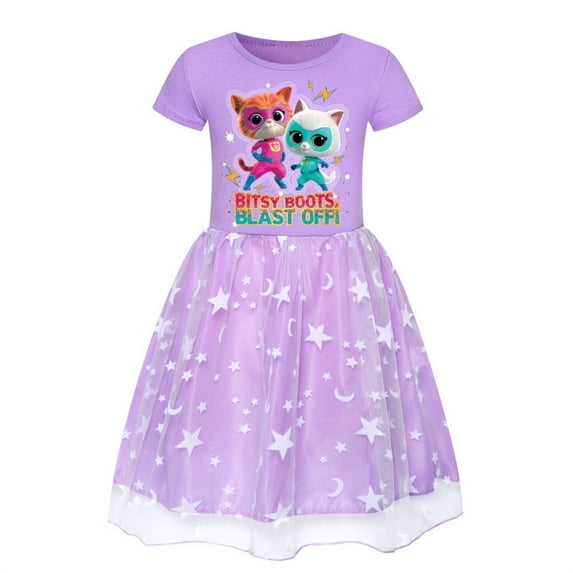 Super Kitties Girls' Dress Children's Movie TV Game Cartoon Round Neck Pure Cotton Short sleeved+Mesh Dress Half length Skirt, Suitable for Children 4-10 Years Old