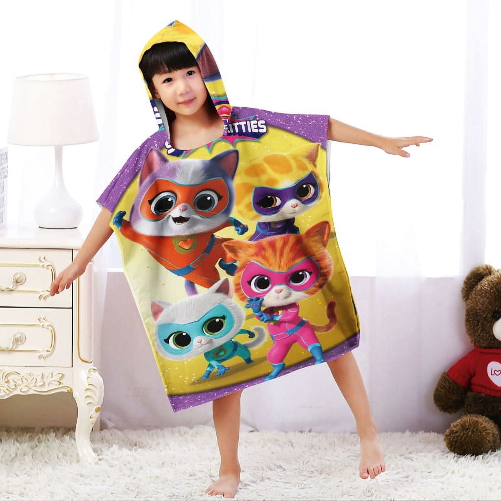 Super Kitties Hooded Poncho Towels, Soft & Absorbent Microfiber Beach Towel, Swimming Pool Changing Robe Bathrobe Bath Towel