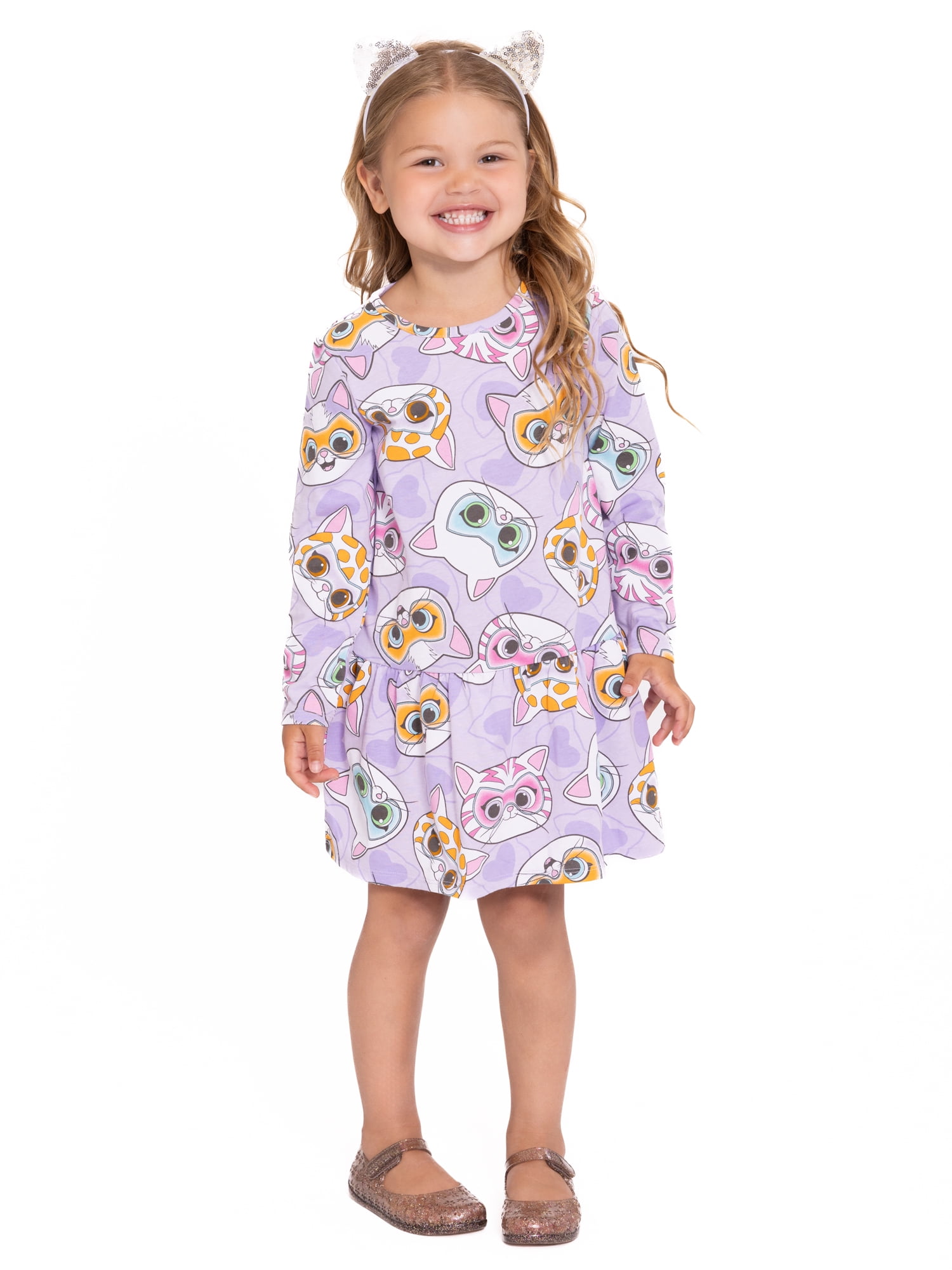 Super Kitties Toddler Girl Long Sleeve Drop Waist All Over Print Dress, Sizes 12M-5T