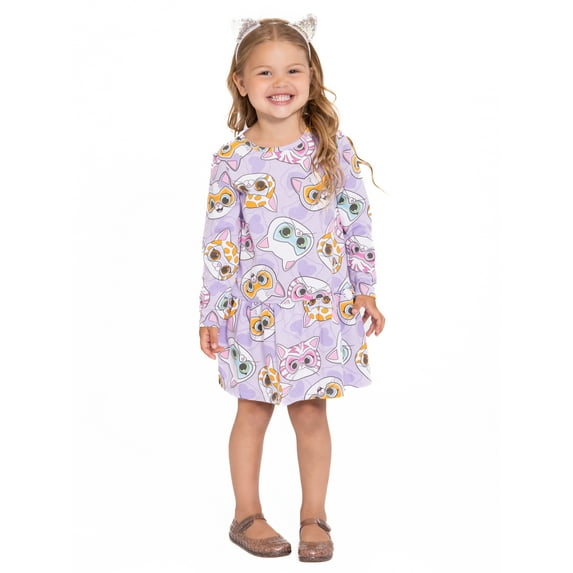 Super Kitties Toddler Girl Long Sleeve Drop Waist All Over Print Dress, Sizes 12M-5T