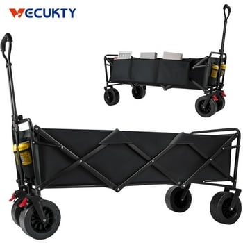 Super Large Collapsible Garden Cart, Vecukty Folding Wagon Utility Carts with Wheels and Rear Storage, Wagon Cart for Garden, Camping, Grocery Cart, Shopping Cart, Black