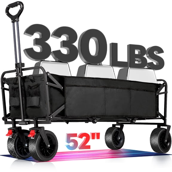 51.2" Large Collapsible Folding Wagon Cart, 560 lbs Load Capacity, Heavy-Duty Steel Frame & Oversized Wheels for Grocery Shopping, Camping, Sports, Moving – Black