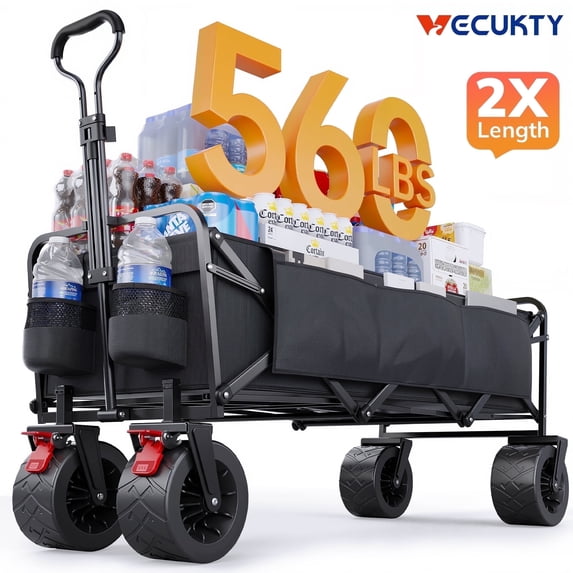Vecukty 51.2" Large Collapsible Folding Wagon Cart, 560 lbs Load Capacity, Heavy-Duty Steel Frame & Oversized Wheels for Grocery Shopping, Camping, Sports, Moving – Black