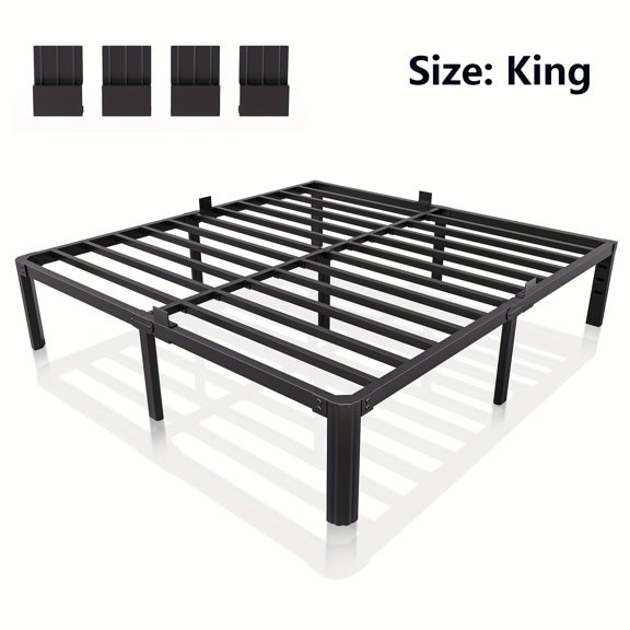 Super Large King-Size Metal Bed Frame 14 Inch, Heavy-Duty Flat Noodle Support, 4 Limit Slots, Thick Fan-Shaped Round Legs, Underbed Storage, Easy Assembly, Black
