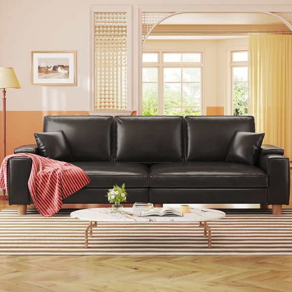 101" Large PU Leather Sofa Couch, Spring Cushion Modern Couch with 24" Extra Deep Seat, Wide Storage Armchair, Comfy Upholstered Oversized Loveseat (Includes 2 Pillows) for Living Room, Office, Black