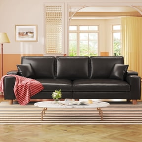 101" Large PU Leather Sofa Couch, Spring Cushion Modern Couch with 24" Extra Deep Seat, Wide Storage Armchair, Comfy Upholstered Oversized Loveseat (Includes 2 Pillows) for Living Room, Office, Black