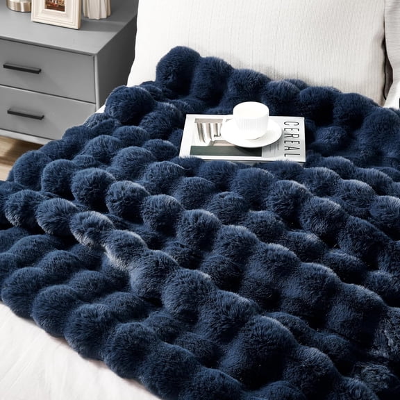 Super Large Soft Fuzzy Bubble Faux Rabbit Fur Bed Blanket Queen Size 80" x 90",Decorative Big Thick Warm Fluffy Blanket for Winter,Luxury Cute Cozy Plush Shaggy Comfy Furry Blankets,Navy Blue