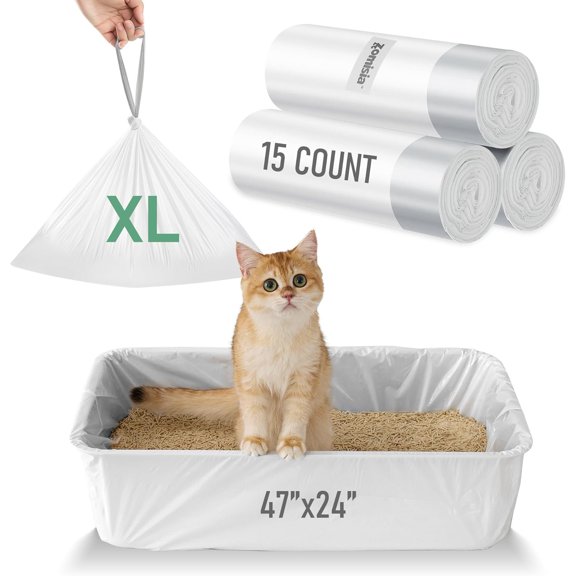 Super  Litter Box Liner XXL - 15 Count " x 24"  Litter Bags with Drawstring, Extra Thick Kitty Litter Pan Liners  Resistant Heavy Duty, Easy Clean up for Litter Tray, Unscented