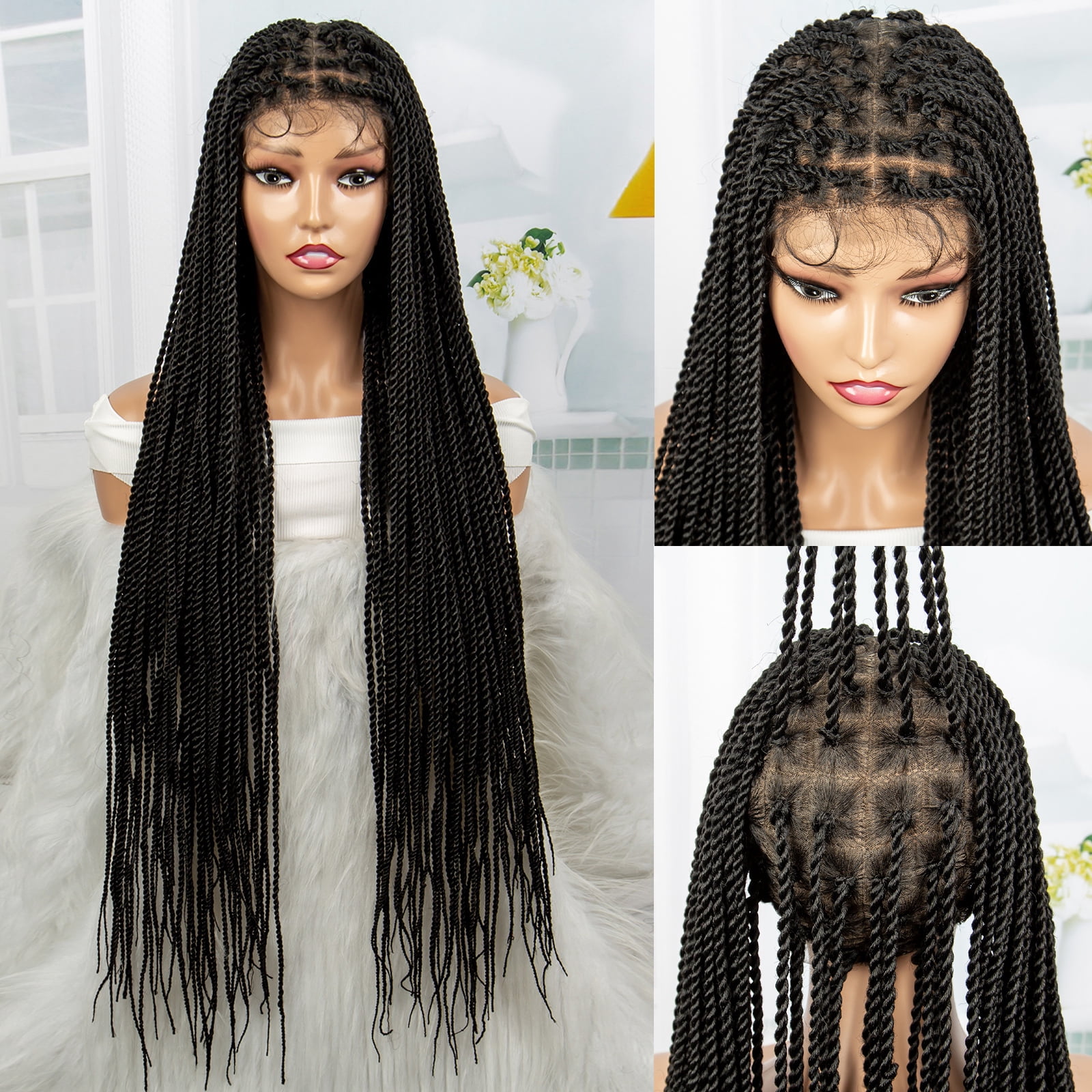Super Long 40 Inches Twist Braided Wigs Synthetic Full Lace Frontal Wig Knotless Braiding Wigs Pre Plucked with Baby Hair for Black Women Black Color